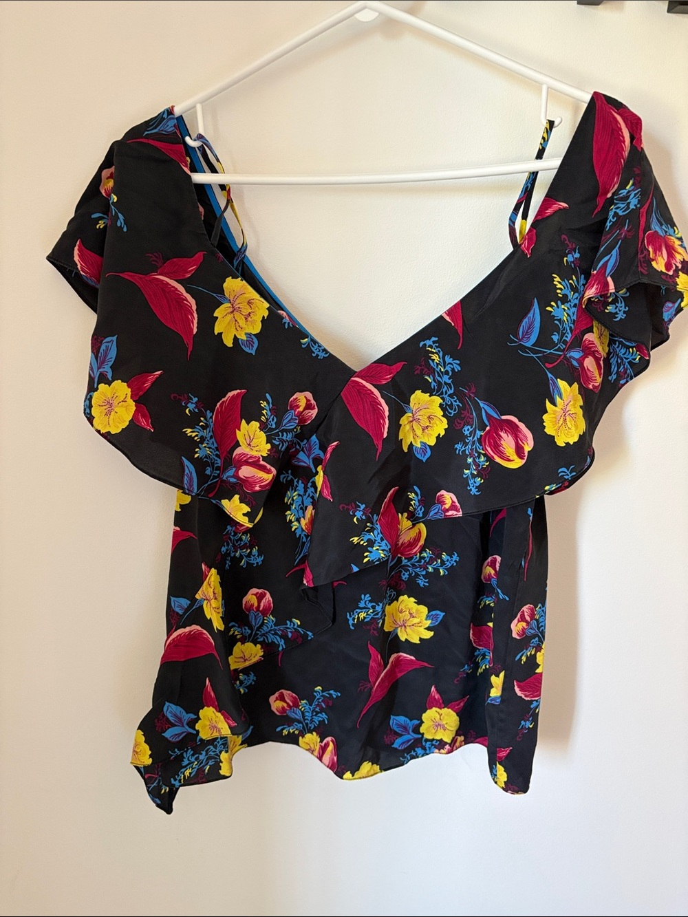 Black Floral Ruffle Camisole with Yellow & Pink Blooms